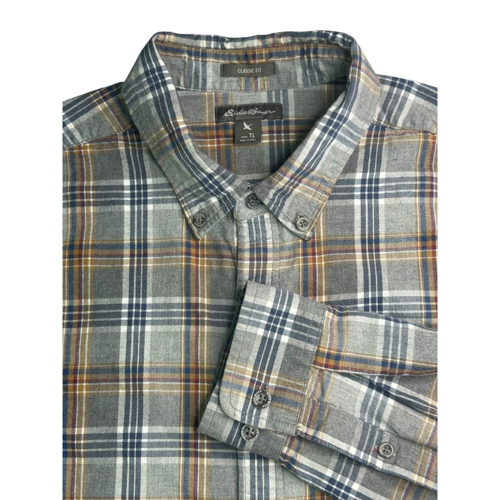 Eddie Bauer Classic Fit L/S Plaid Cotton Flannel Button Down Shirt Mens Size TL - Picture 6 of 10